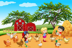 Children feeding animals in the farm